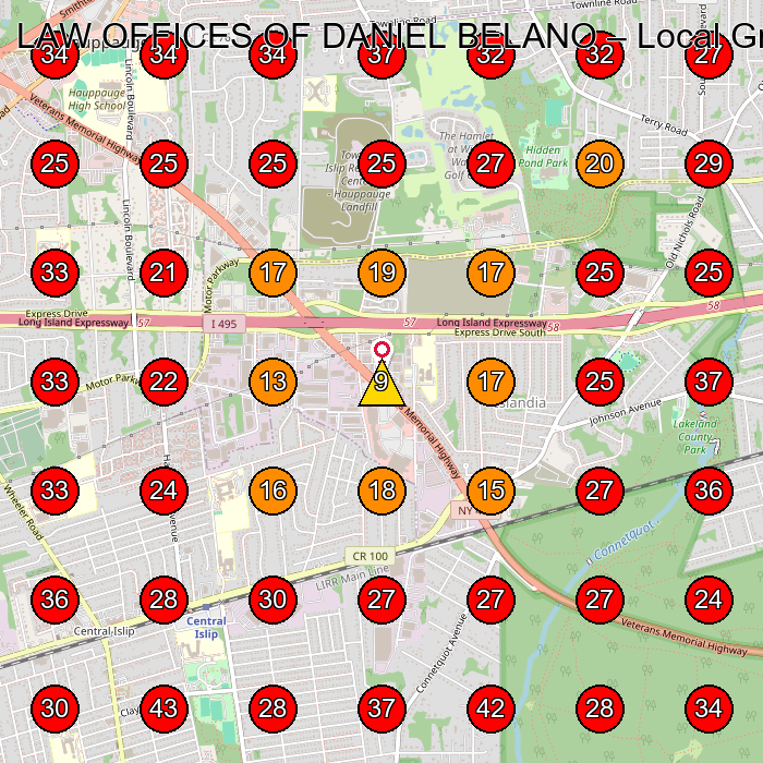 LAW OFFICES OF DANIEL BELANO GeoGrid visibility map for Personal Injury Attorney in Ronkonkoma